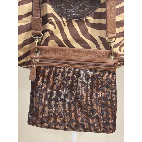 Sharif Women's Sequined Leopard Print Crossbody Handbag With Dust Bag Brown - Picture 8 of 9